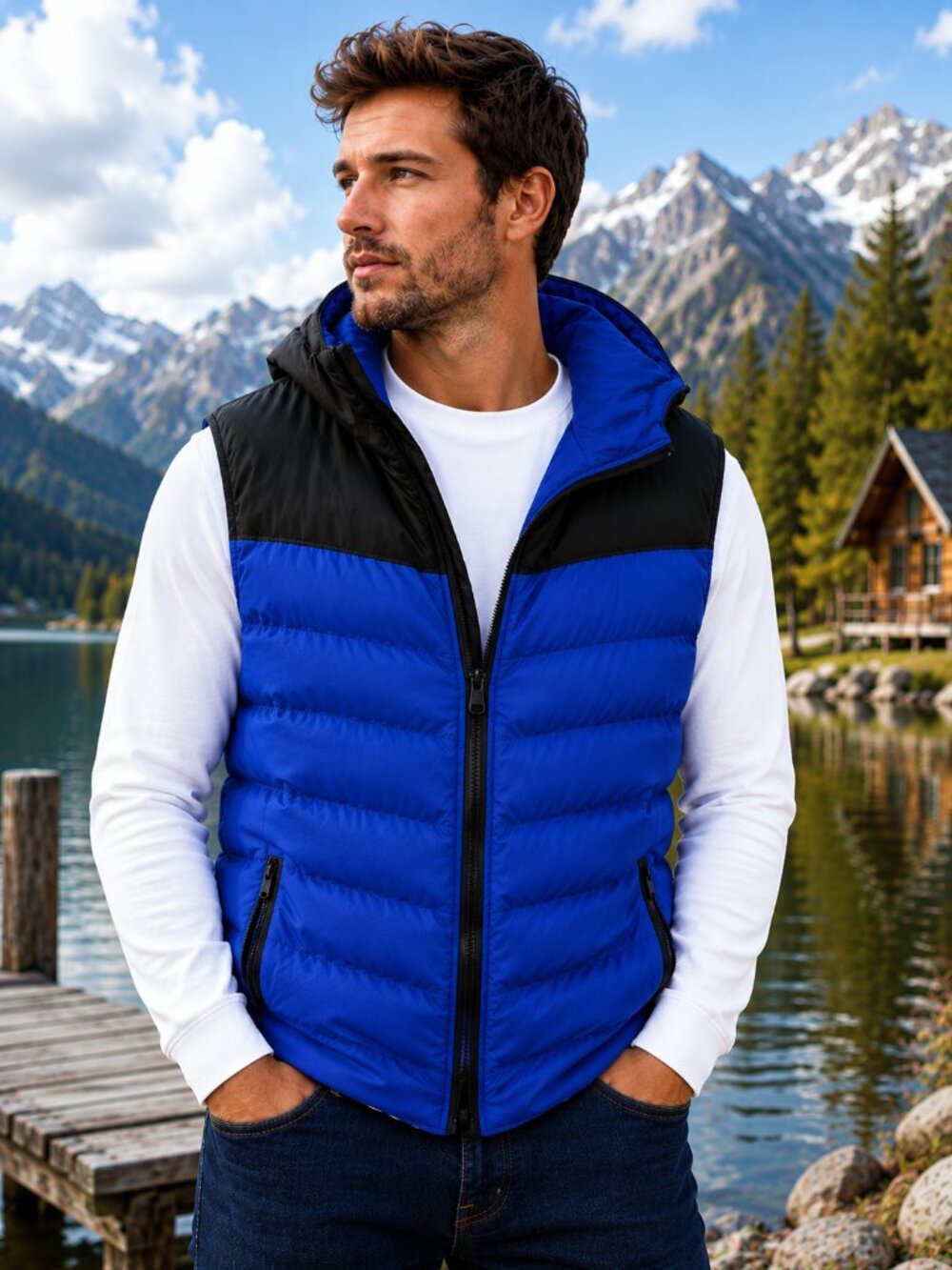 True Rock Men’s Blue Black Hooded Puffer Vest Full Zip Quilted Outdoor Vest